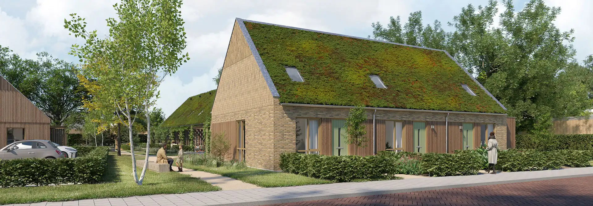 GeWOON Groen Didam, een kleinschalig en duurzaam woonproject met in hout gebouwde A+++ woningen, sedumdaken en een groene woonomgeving.