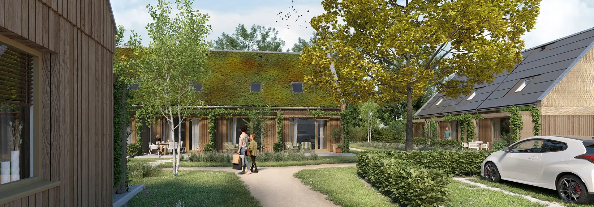De inrichting van het openbaar toegankelijk gebied versterkt het groene, natuurlijke karakter van de groene woonhof.